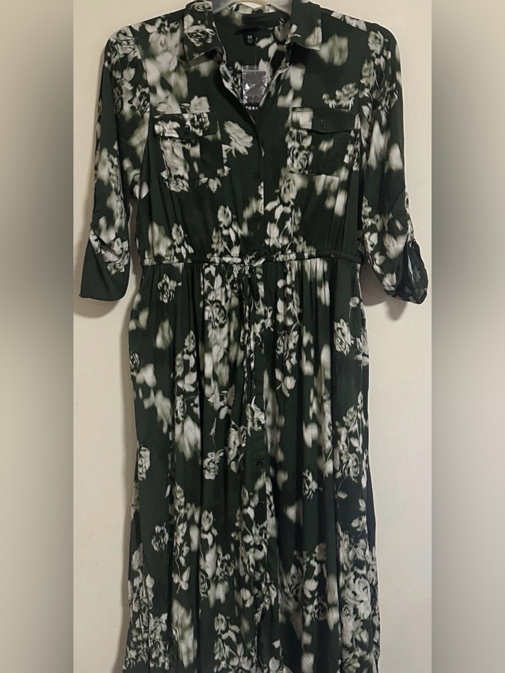 NWT Torrid Midi Challis Shirt Dress 3/4 Sleeve Green Floral Pockets Size 00 M/L